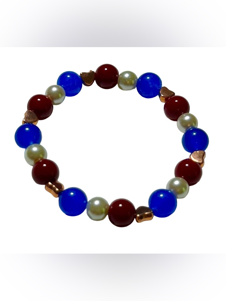 Handmade Red, White & Blue Elastic Beaded Stone Bracelet